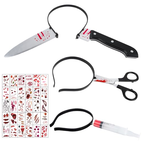 Byffoer Blutige Schere Messer im Kopf 3TLG Halloween Grusel Accessoires Set Spritze Horror Haarreif mit 30pcs Halloween Zombie Scars Tattoo Küchenmesser Schlüssel für Gruselkostüm Zombie von Byffoer