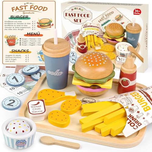 Kinderküche Spielküche Zubehör aus Holz,Spielküche Zubehör Hamburger Fast Food Set,Küchenspielzeug Holz Lebensmittel Spielzeug mit Deutscher Speisekarte,Weihnachten Geschenk für Jungen Mädchen von Byffoer