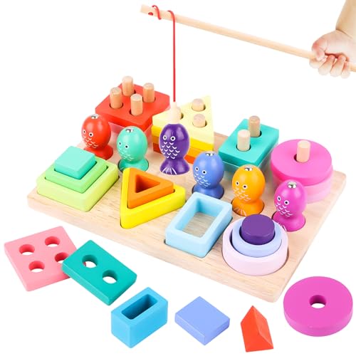 Montessori Spielzeug ab 1 Jahr,4 in 1 Holzspielzeug Stapelspielzeug, Montessori Spielzeug mit Farbe Erkennung Sortier Formpassende Blöcke, Magnetisches Angelspie für 123 Jahre Kleinkind von Byffoer