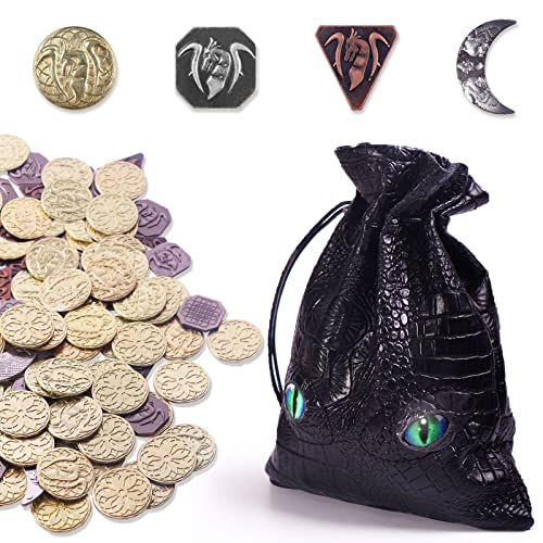 125PCS Metal DND Coins & Leather Bag, Contains 60 Gold Coins, 30 Sliver Coins, 30 Copper Coins and 5 Platinum Coins, Game Tokens with Glow in The Night Eyes Leather Bag for RPG Tablelap Games von Byhoo