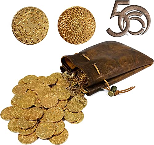 Byhoo DND-Metall-Goldmünzen und Lederbeutel, 50 Münzen, für Dungeon and Dragon, Tisch-RPG-Brettspiele, Schatzmünzen für Partys, Brettspiel-Zubehör, Zubehör für Mittelalter-Spiele, Retro-Requisiten von Byhoo