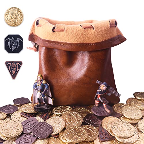 70PCS Metal DND Coins & Leather Bag, Contains 30 Gold Coins, 20 Sliver Coins and 20 Copper Coins, Fantasy Coins for Board Game, Game Token with Retro Leather Pouch, Medieval Game Retro Props von Byhoo