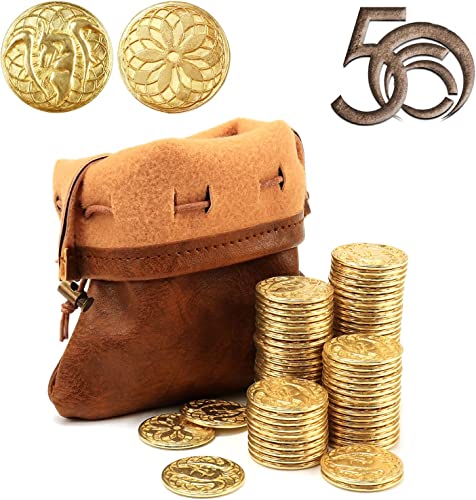 Byhoo 50 PCS Goldmünzen & PU Ledertasche, DND Metallmünzen, Fantasy Münzen Schatz für Brettspiele, Falsche Münzen als Spielmarken für Dungeons & Dragons, Tabletop TTRPG Spiele von Byhoo