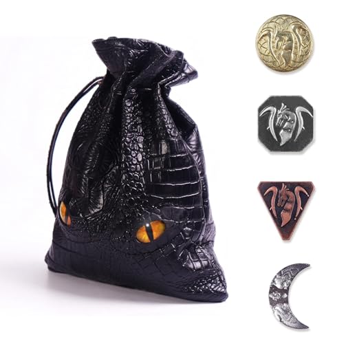 Byhoo 145PCS Metall DND Münzen & Ledertasche, Enthält 60 Goldmünzen, 40 Silbermünzen, 40 Kupfermünzen und 5 Platinmünzen, Token mit Glow in The Night Eyes Tasche für RPG Tablelap Games von Byhoo