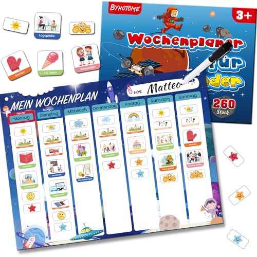 Wochenplaner für Kinder,Magnettafel Kinder inkl. 260 Stk Magnete & Stift - Montessori Magnettafel,Kalender Kinder - Wochenplaner Kinder,Montessori Tagesplaner Kinder Routine für Alter ab 3 Jahre von Byhotome