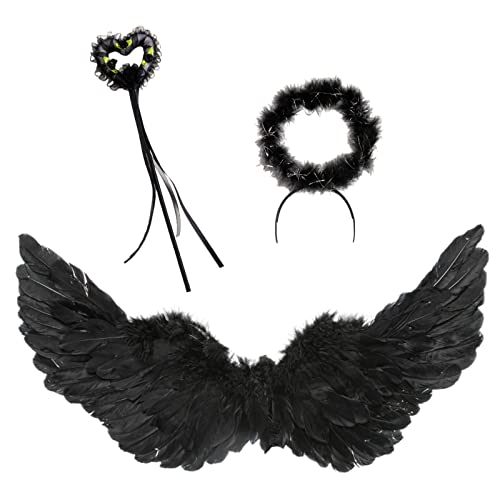 Engelsflügel Schwarz 45CM Schwarzer Engel Kostüm Kinder mit Heiligenschein und Teufelsstab Engel Flügel für Halloween Karneval Fasching Angel Costume Feenflügel Amor Fee Cosplay Party von Byhsoep