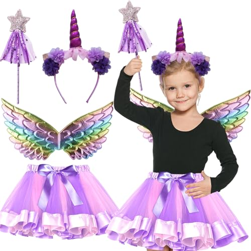 Byhsoep Einhorn Kostüm Kinder Mädchen,Einhornkostüm mit Einhorn Haarreif,Zauberstab Glitzer,Tüllrock Lila,Flügel Mehrfarbig für Halloween Karneval Cosplay Geburtstag Fasching von Byhsoep