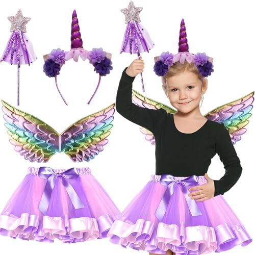 Byhsoep 8 Stück Prinzessin Kostüm Mädchen,Karneval Kinder Prinzessin Kleid mit Krone Diadem,Zauberstab,Halskette,Engelsflügel,Tutu Rock, von Byhsoep