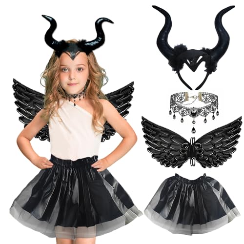 Byhsoep 4STK Maleficent Kostüm Kinder Mädchen,Königin Hörner Kostüm Kinder mit Dunkler Teufelsflügel Rock Halskette Halloween Kostüm Mädchen für Karneval,Halloween,Cosplay,Fasching,Kostümparty von Byhsoep