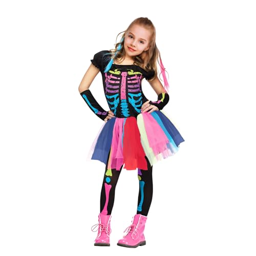 Byhsoep Halloween Kostüm Mädchen Skelett - Neon Kleid, Sensenmann, Punky Buntes Kostüm Set für Karneval Cosplay von Byhsoep