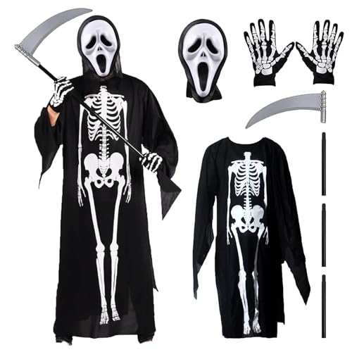 Byhsoep Halloween Scream Kostüm,Halloween Sensenmann Kostüm Erwachsene,Ghostface Kostüm mit Sichel,Handschuhen und Scream Maske für Cosplay,Karneval,Herren Damen von Byhsoep