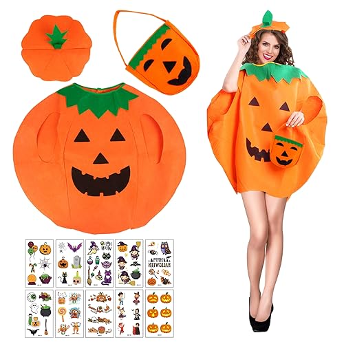 Kürbis Kostüm Erwachsene,Halloween Kürbis Kostüm mit Kürbis-Tüten und 10 Halloween Tattoo,Kostüm Kürbisschlampe Erwachsene für Halloween,Karneval,Cosplay,Fasching,Kostümparty,Unise (Orange-Erwachsene) von Byhsoep