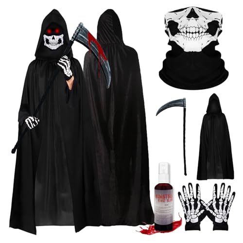 Byhsoep Sensenmann Kostüm 120/170cm,Halloween Kostüm Set mit Sense,Kunstblut,Handschuhen und Maske,Halloween Sensenmann Scream Kostüm Set für Cosplay,Karneval von Byhsoep