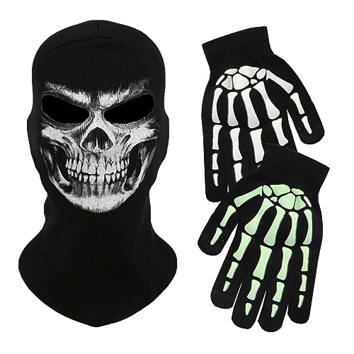 Byhsoep Halloween Sturmhaube Vollgesichtsmaske Mit Totenschädel Aufdruck Skeleton Maske Handschuhe Leuchtend Ghost Skull Horror Maske für Halloween Party Cosplay Karneval Erwachsene von Byhsoep