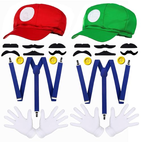 Bros Kostüm Zubehör,Karneval Partnerkostüme Accessoires mit 2 Elastische Hosenträger,2 Kappen,4 Knöpfe,12 Schnurrbärten,für Halloween,Weihnachten,Karneval,Mottopartys Bros Kostüm Zubehör,Karneval Partnerkostüme Accessoires mit 2 Elastische Hosenträger,2 Kappen,4 Knöpfe,12 Schnurrbärten,für Halloween,Weihnachten,Karneval,Mottopartys von Byhsoep