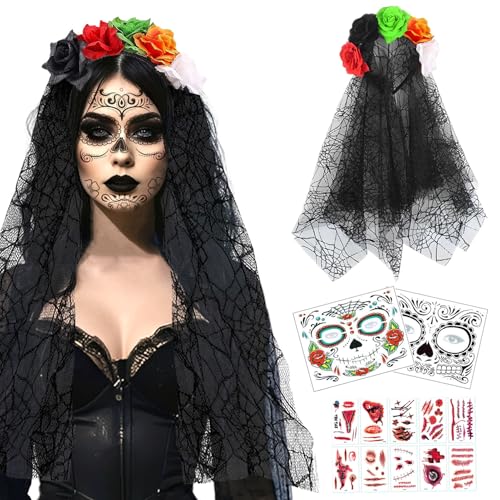 Byhsoep Halloween Tag der Toten Schleier Haarreif mit 2 Gesichtstattoos,10 Halloween Narbe Tattoo,Schleier Rosen für Halloween,Karneval,Cosplay Kostüm Party Byhsoep Halloween Tag der Toten Schleier Haarreif mit 2 Gesichtstattoos,10 Halloween Narbe Tattoo,Schleier Rosen für Halloween,Karneval,Cosplay Kostüm Party von Byhsoep