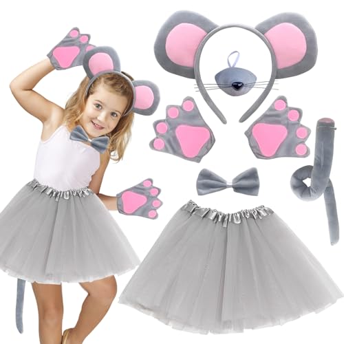 Byhsoep 7 Stück Maus Kostüm Set,Tier Kostüm Set mit Maus Haarbänder,Tutu Rock,Nase,Fliege,Schwanz,2 Rattenhandschuh,Mäusekostüm für Kinder Mädchen Halloween Karneval Cosplay von Byhsoep