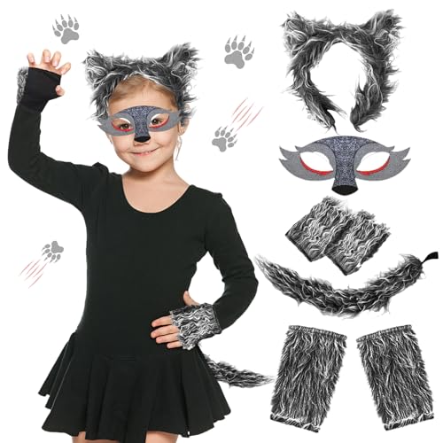 Byhsoep Wolf Kostüm Kinder,Werwolf Kostüm mit Wolf Ohren,Schweif,Maske Wolf und Beinstulpen,Katze Cosplay Kostüm Set für Mädchen Jungen Halloween Karneval Cosplay Kostüm Zubehör von Byhsoep