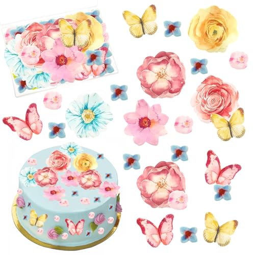 104 Stück Essbare Blume Schmetterling Kuchen Topper, Essbare Blumen für Torte, Essbare Blüten Schmetterling Tortendeko, Tortendeko Blumen Essbar, für Hochzeiten, Geburtstage, Jubiläen von Byhsoep