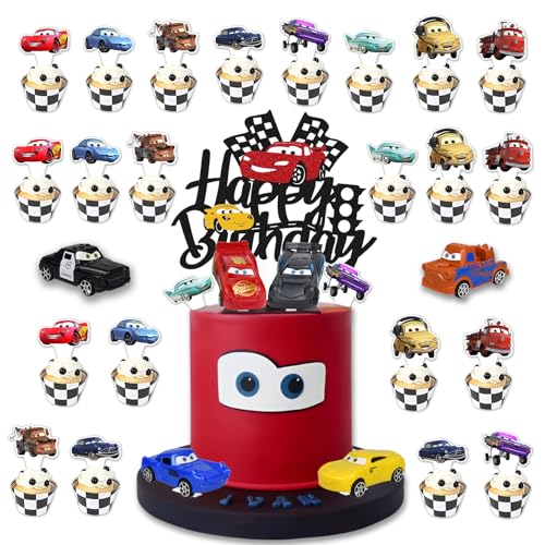 31 Stück Cars Tortendeko,25 Auto Cake Topper mit 6 Car Spielzeug,Cars Muffin Deko,Cars Kuchendeko,Happy Birthday Cake Topper,Auto Tortendeko für Junge Kindergeburtstag (Car) von Byhsoep