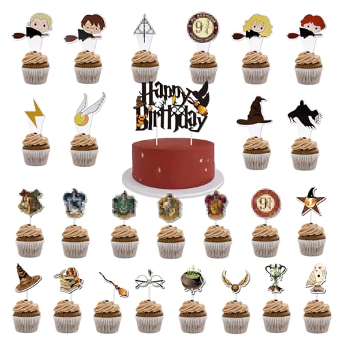 46 Stück Harry Magie Cake Topper,Harry Magie Kuchendekoration,Harry Magie Muffins Deko,Harry Magie Tortendeko,Harry Muffins Topper für Jungen Mädchen Geburtstag Tortendekoration von Byhsoep