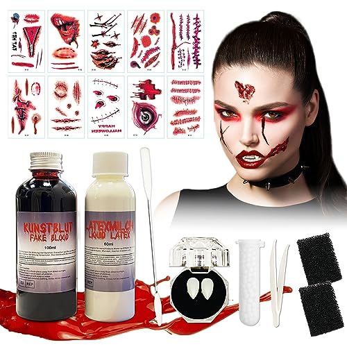 Fake Blood Kunstblut 100ml,Latexmilch 60 ml,15mm Halloween Vampirzähne,10 Halloween Narbe Tattoo,Halloween Zombie Vampir Wundschorf mit Make-up Schwamm und Spatel für Kinder Erwachsene Unisex Fake Blood Kunstblut 100ml,Latexmilch 60 ml,15mm Halloween Vampirzähne,10 Halloween Narbe Tattoo,Halloween Zombie Vampir Wundschorf mit Make-up Schwamm und Spatel für Kinder Erwachsene Unisex von Byhsoep