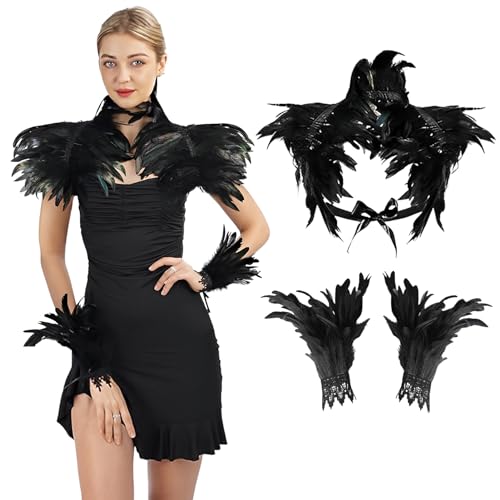 Byhsoep Federkragen Schwarzer Kostüm Damen mit Feder-Manschetten Schwarzer Federumhang Maleficent Kostüm Damen Gothic Federrock Pfau Kostüm für Halloween Karneval Maskerade-Cosplay-Kostüme von Byhsoep