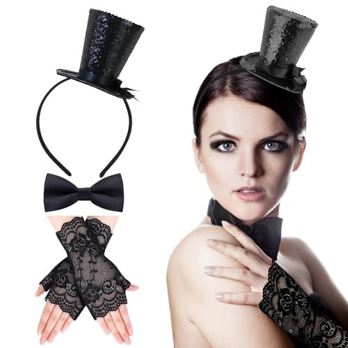Byhsoep 3 Stück Mini Top Hut Haarreif mit 2 Spitzenhandschuhe und Schwarz Fliege,Mini Top Glitzerhut Zylinder Haarband für Halloween Karneval Cosplay Kostüm Zubehör von Byhsoep
