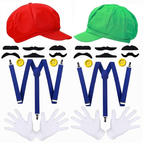 Bros Kostüm Zubehör,Karneval Partnerkostüme Accessoires mit 2 Kappen,2 Elastische Hosenträger,12 Schnurrbärten,4 Knöpfe,für Weihnachten,Halloween,Karneval,Mottopartys Bros Kostüm Zubehör,Karneval Partnerkostüme Accessoires mit 2 Kappen,2 Elastische Hosenträger,12 Schnurrbärten,4 Knöpfe,für Weihnachten,Halloween,Karneval,Mottopartys von Byhsoep