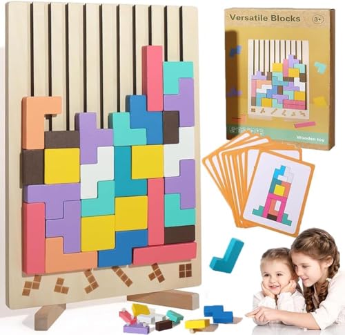Tetris Holzspiel, Holz Tetris Montessori Lern- Und Spaß Spielzeug, Montessori Spielzeug Ab 3 Jahre, Wooden Stacking Puzzle, 3D Gehirn Puzzle mit 10 Karten, Geschenk für Jungen und Mädchen (A) von ByteCraft
