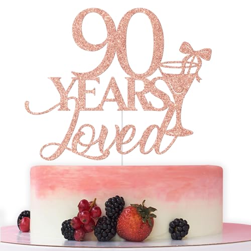 Tortenaufsatz mit Aufschrift "90 Years Loved", "Happy 90th Birthday", "Cheers to 90 Years", Party-Dekoration, Roségold-Glitzer von Bytorjar