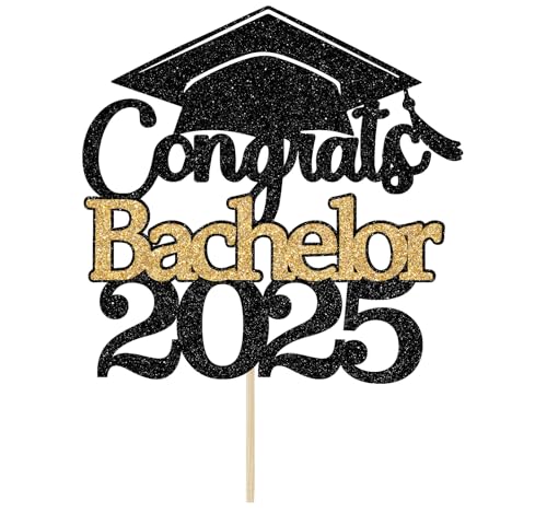 Tortenaufsatz mit Aufschrift "Congrats Bachelor 5,134.0 cm, Congrats Bachelor-Abschlussfeier, Abschlussfeier, Klasse 2024, Bachelor-Abschluss, Dekoration, Schwarz-Gold-Glitzer von Bytorjar