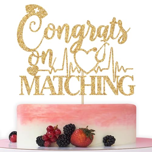 Tortenaufsatz mit Aufschrift "Congrats on Matching Cake Topper", "Happy Match Day", Dekoration für den Residency-Match-Tag, medizinische Schule, Abschlussfeier, Party-Dekorationen, goldener Glitzer Tortenaufsatz mit Aufschrift "Congrats on Matching Cake Topper", "Happy Match Day", Dekoration für den Residency-Match-Tag, medizinische Schule, Abschlussfeier, Party-Dekorationen, goldener Glitzer von Bytorjar