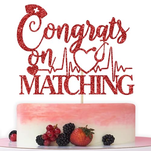 Tortenaufsatz mit Aufschrift "Congrats on Matching Cake Topper", "Happy Match Day", Dekoration für den Residency-Match-Tag, medizinische Schule, Abschlussfeier, Party-Dekorationen, roter Glitzer Tortenaufsatz mit Aufschrift "Congrats on Matching Cake Topper", "Happy Match Day", Dekoration für den Residency-Match-Tag, medizinische Schule, Abschlussfeier, Party-Dekorationen, roter Glitzer von Bytorjar