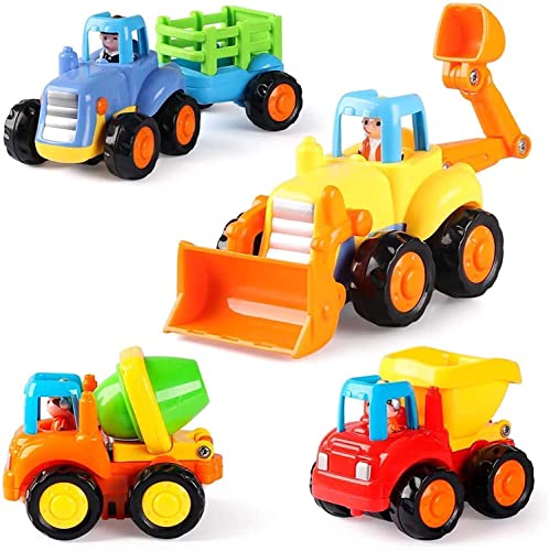 Baby Spielzeugauto, Spielsachen Baufahrzeuge/Bagger Kinder,Spielzeug Auto für Kleinkind ab 2 3 Jahre Junge, 4 in einem Set für Kinder, Traktor, Bulldozer, Kipper & Zementmischer von Byuert