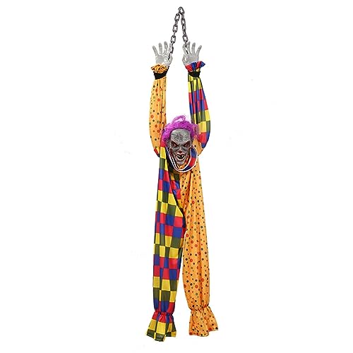 Bzwyonst Hängender Clown Aus Kunststoff für Halloween, 1,6 M, Animierter Sprechender und Schüttelnder Gruseliger Clown mit Kette, Berührungsaktiviert für Halloween-Dekoration von Bzwyonst