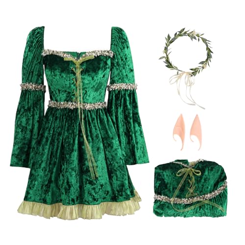 C-ZOFEK Mittelalterliches Feenkostüm, Samt, Grün, Elfe, Cosplay, Renaissance, Renaissance, Minikleid, Halloween, Damen, Größe XL von C-ZOFEK