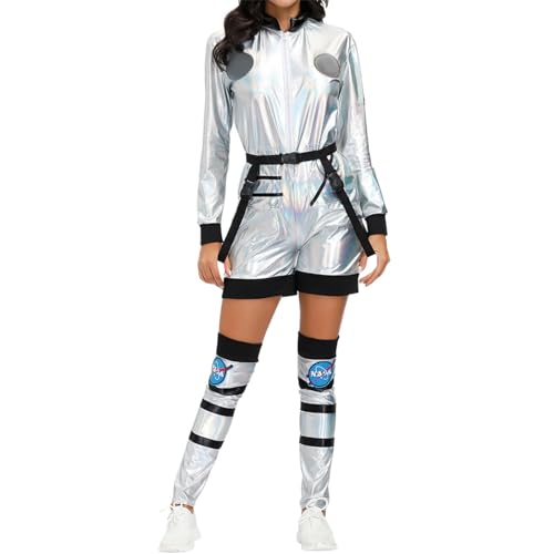 Astronaut Kostüm Damen Herren Metallic Langarm Jumpsuit Spaceman Cosplay Weltall Raumfahrer Outfit Glänzend Karneval Kostüm Overall Paar Space Kostüm Rollenspiel Verkleidung Faschingskostüme von C'est TT