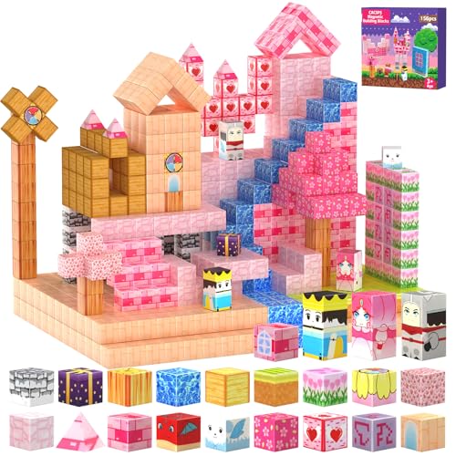 CACSPS 156 Stück Magnetische Bausteine, Magnetblöcke für Kinder ab 3 4 5 6 7 8 9 Jahre, Kreatives Konstruktionsspielzeug mit 2,5 cm Würfeln Verstaubar für Jungen & Mädchen (Schloss-Serie) von CACSPS