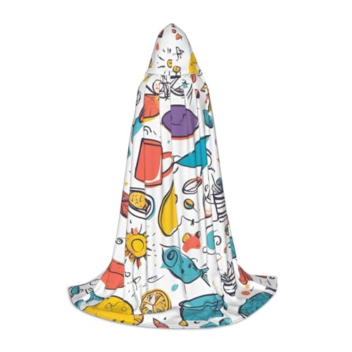 CADREWY Bunte, handgezeichnete Federn auf weißem Druck, Kapuzenumhang, Unisex, Gothic-Kostüm, Karneval, Mottopartys, Vampir, festliche Dekoration von CADREWY