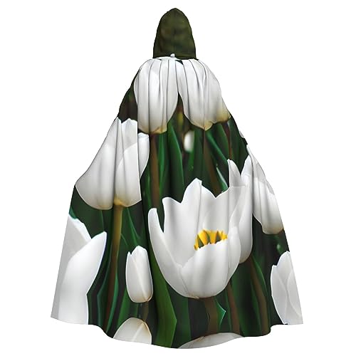 CADREWY Eleganter Kapuzenumhang mit weißen Tulpen und Blumendruck, für Damen und Herren, für Cosplay, Karneval, Partys, Maskerade, Events, Schwarz von CADREWY