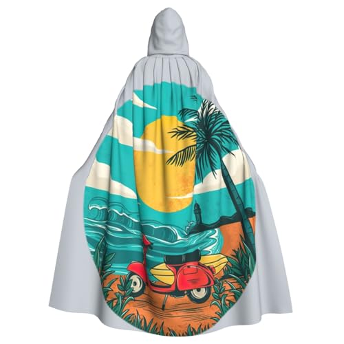 CADREWY Eleganter Umhang mit Kapuze für Damen und Herren, Sonnenuntergang, Strand, Palme, für Cosplay, Karneval, Partys, Maskerade, Events von CADREWY