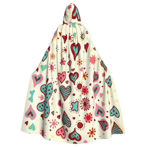 CADREWY Farbenfroher Herzmuster-Druck, eleganter Kapuzenumhang für Damen und Herren, für Cosplay, Karneval, Partys, Maskerade, Events von CADREWY