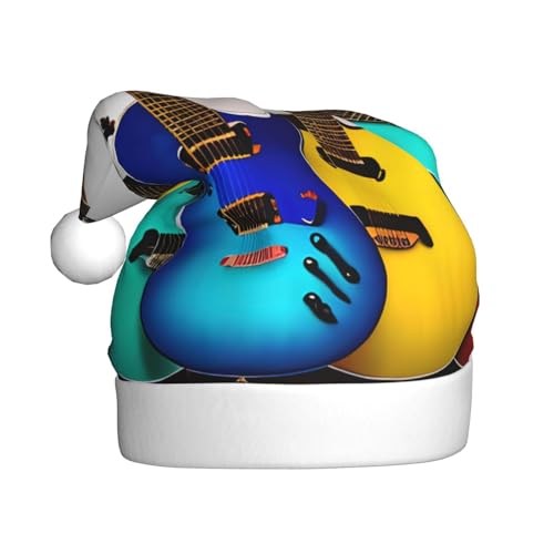 CADREWY Festliche Weihnachtsmütze mit buntem Gitarren-Druck, für Erwachsene, Unisex, Weihnachtsmann-Mütze mit Weihnachtsfeier-Dekoration von CADREWY