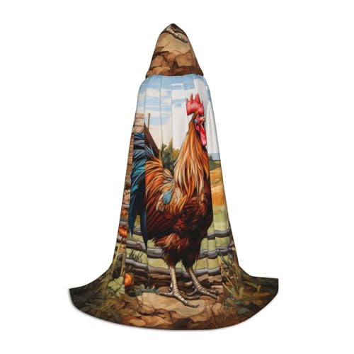 CADREWY Kapuzenumhang mit Hahn auf Holz im Bauernland-Druck, Unisex, Gothic-Kostüm, Karneval, Mottopartys, Vampir, festliche Dekoration von CADREWY