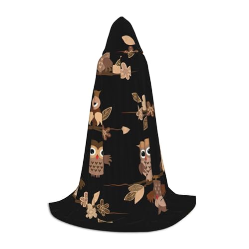 CADREWY Kapuzenumhang mit niedlichem braunem Cartoon-Eulen-Druck, Unisex, Gothic-Kostüm, Karneval, Mottopartys, Vampir, festliche Dekoration von CADREWY