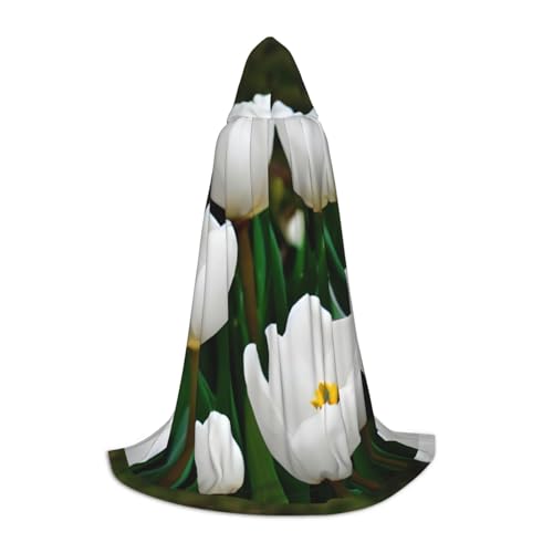 CADREWY Kapuzenumhang mit weißen Tulpen, Blumendruck, Unisex, Gothic-Kostüm, Karneval, Mottopartys, Vampir, festliche Dekoration von CADREWY