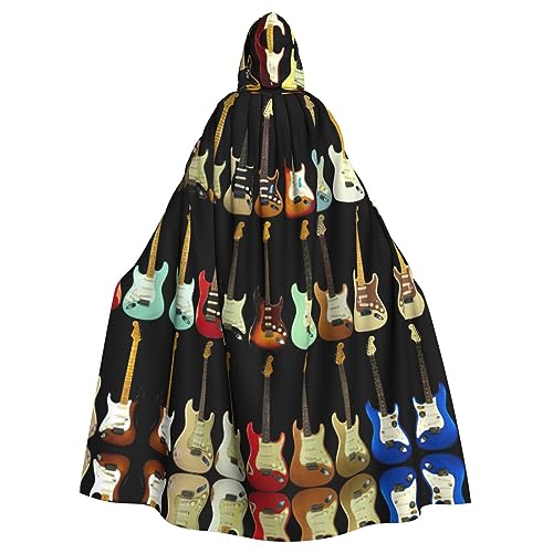 CADREWY Kunst-Gitarrenmuster-Druck, bezaubernder Umhang mit Kapuze in voller Länge, Unisex, Umhang für Halloween, Cosplay und Thema von CADREWY