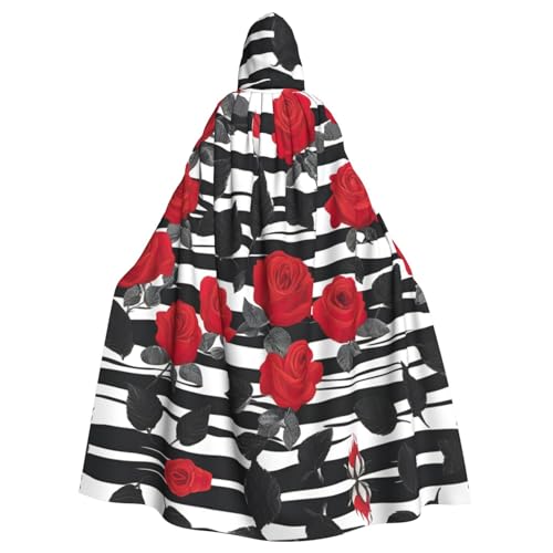 CADREWY Schwarz-weiße Streifen, rote Rosen-Blumen-Druck, bezaubernd, volle Länge, Kapuzenumhang, Unisex, Umhang für Halloween, Cosplay und Thema CADREWY Schwarz-weiße Streifen, rote Rosen-Blumen-Druck, bezaubernd, volle Länge, Kapuzenumhang, Unisex, Umhang für Halloween, Cosplay und Thema von CADREWY