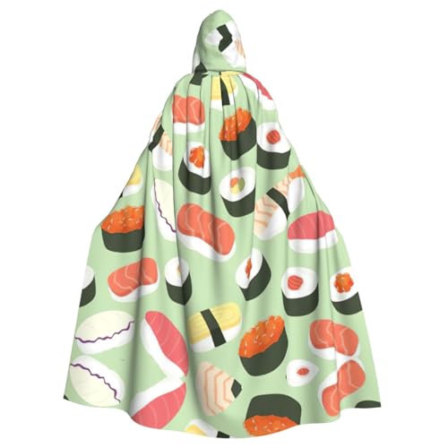CADREWY Sushi-Lebensmittelmuster-Druck, eleganter Kapuzenumhang für Damen und Herren, für Cosplay, Karneval, Partys, Maskerade, Events, Schwarz von CADREWY